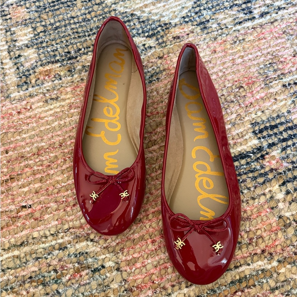 Sam Edelman Red Patent Ballet Flats with Bow & Logo Charm